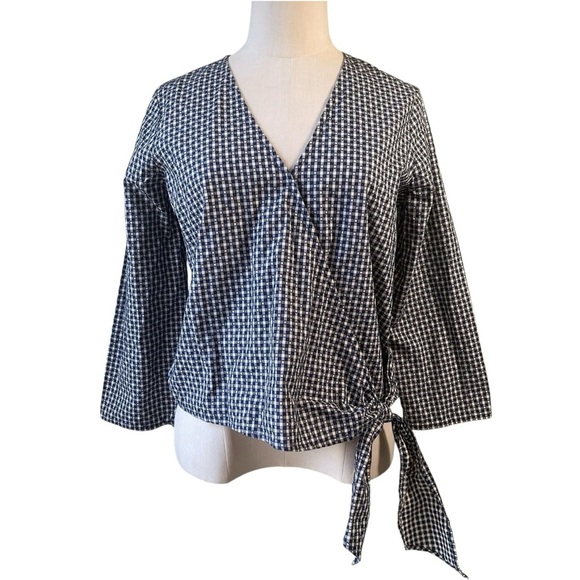 Madewell Textured Cotton Wrap Top Blue White Gingham - Size XXL - Picture 2 of 11